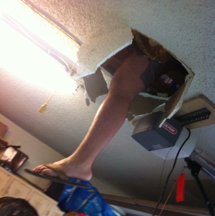 My Brother And I Were Cleaning Out The Attic, But Then I Heard A Loud Crash And Saw This Above Me. I Chose To Take A Photo Before Asking Questions