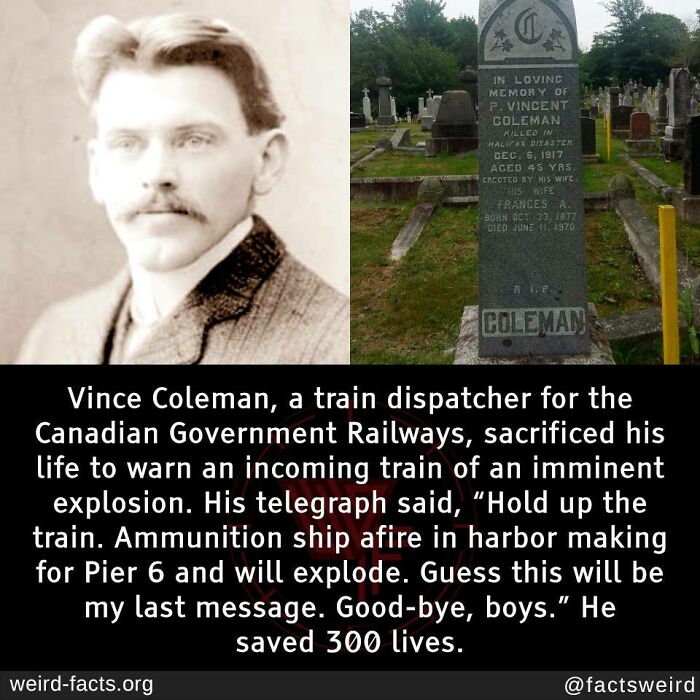 Vintage photo of Vince Coleman and his gravestone, highlighting a weird fact about his heroic telegraph message saving 300 lives.