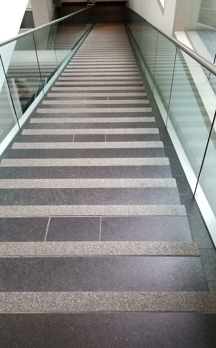 These Stairs At An Art Museum Are Horrible. I Have Difficulties In Depth Perception Even If My Eyesight Is Perfect And I Had To Keep My Hands On The Ramp At All Time