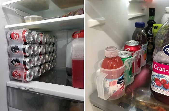 TikTokMadeMeBuyIt fridge organization hack with drink holder for best-selling soda and juice cans.