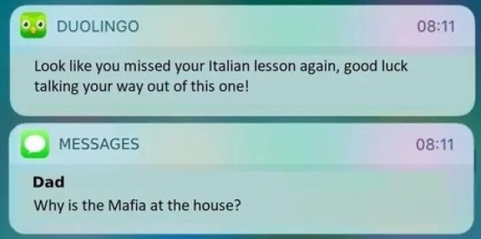 Duolingo memes: Notification humor with a threatening message and a dad's witty reply about the Mafia.