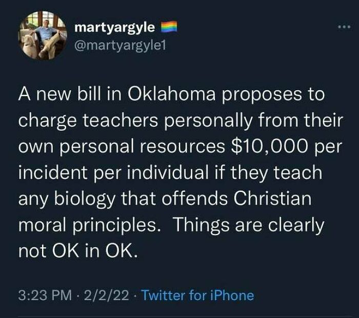 Tweet criticizing a new Oklahoma bill about teacher fines, related to the "no one wants to work" trend.