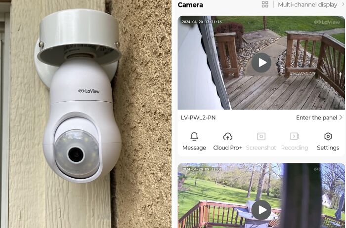 White outdoor security camera installed on a wall with a mobile app showing live footage from multiple angles for TikTok Shop finds.