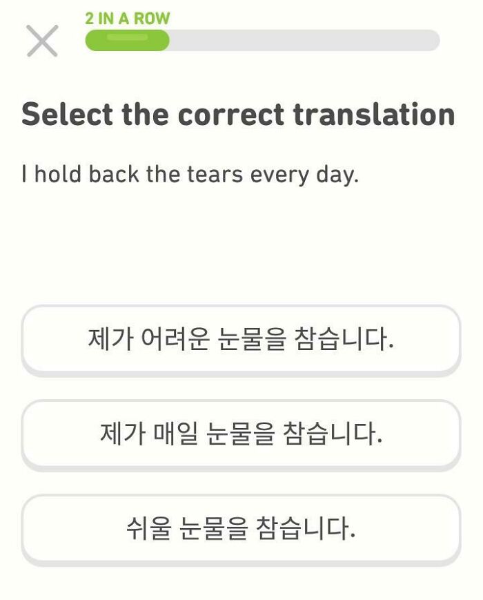 Duolingo meme displaying a comical translation challenge with three Korean options.