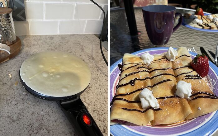 TikTok Shop finds showing a crepe maker in use and finished chocolate-drizzled crepes with whipped cream and strawberry.