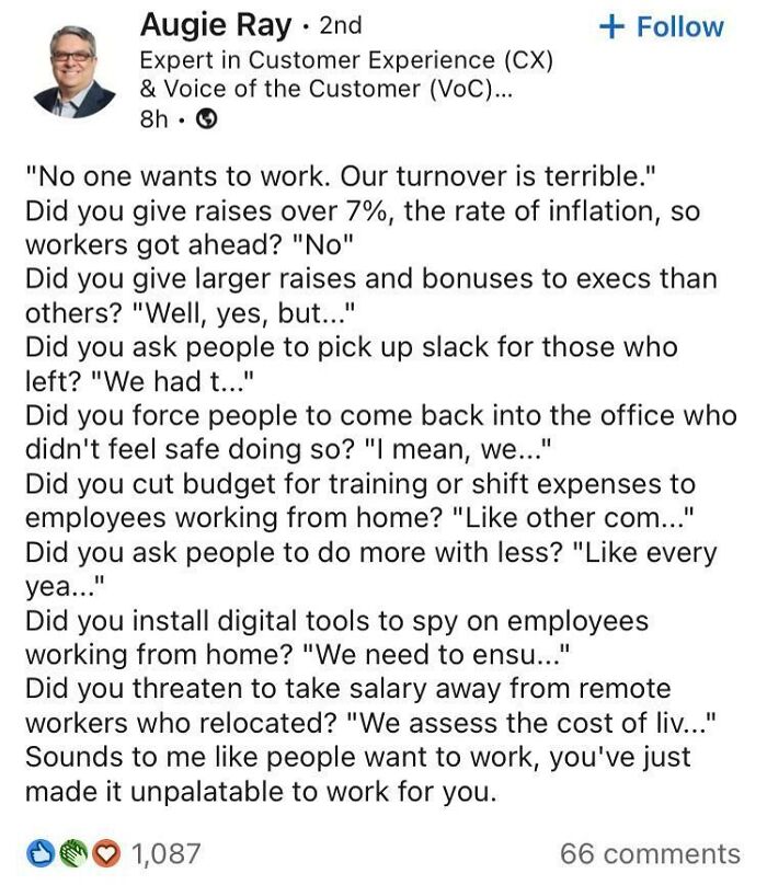 A LinkedIn post questioning the validity of the "no one wants to work" trend with multiple critical points listed.