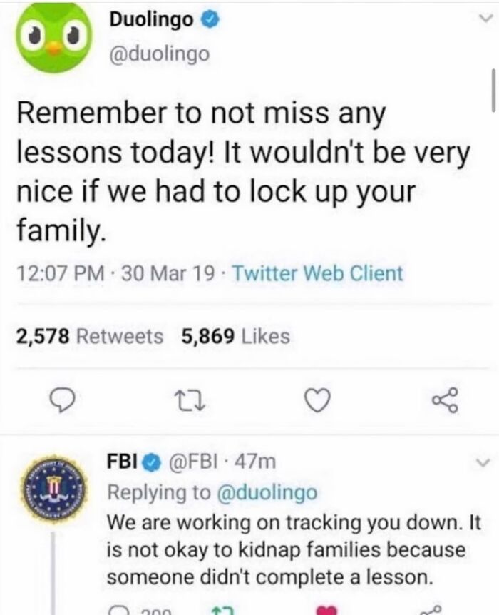 Duolingo meme with funny FBI reply about completing lessons.