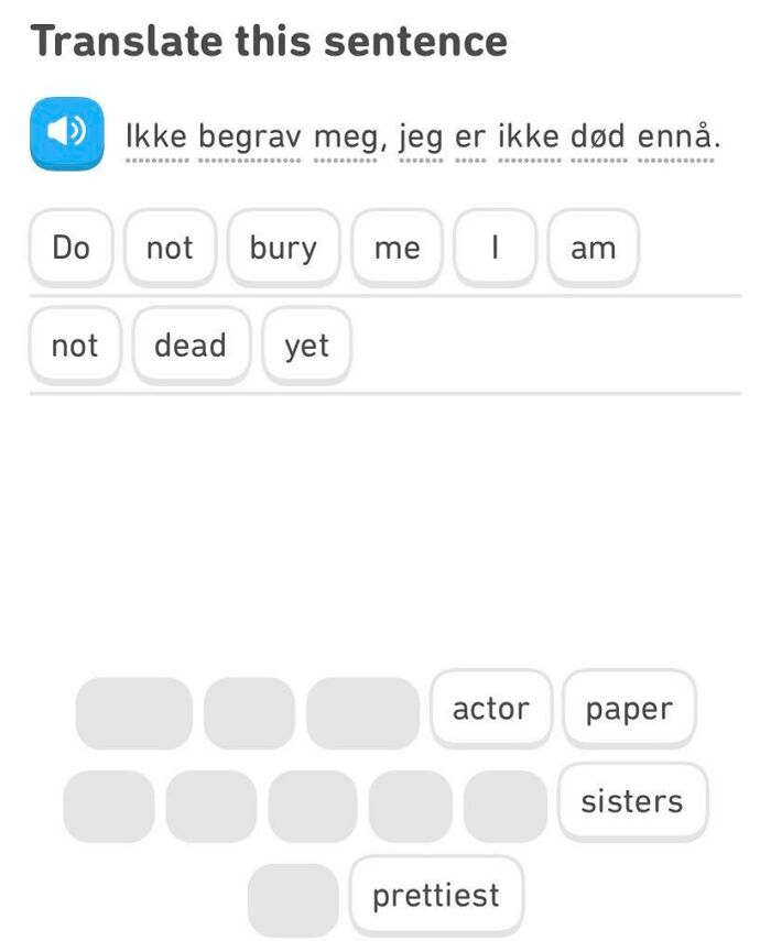 Duolingo meme showing a funny translation exercise with dark humor.