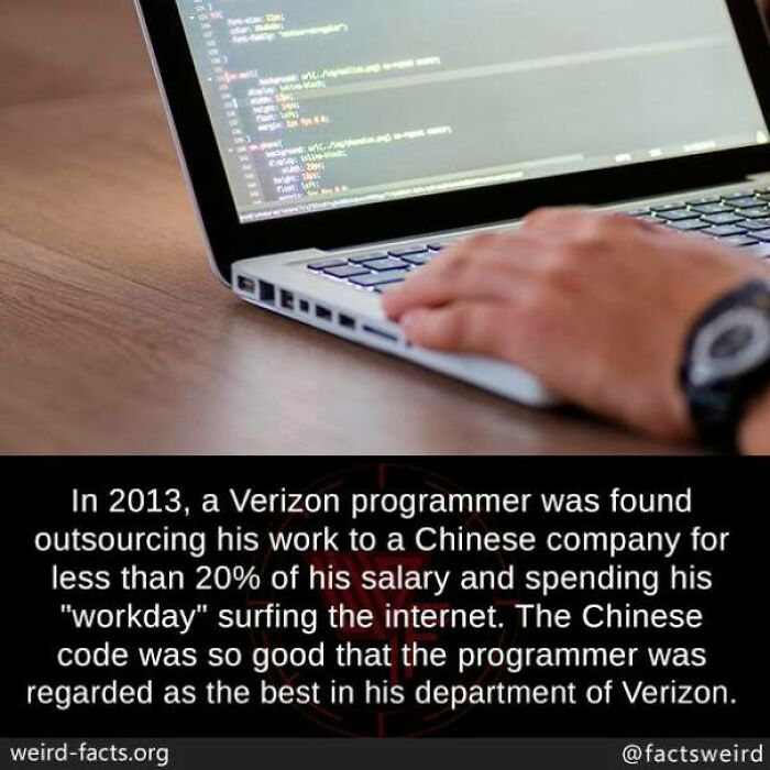 Person using a laptop with code on screen; caption discusses a programmer outsourcing work, highlighting a weird fact.