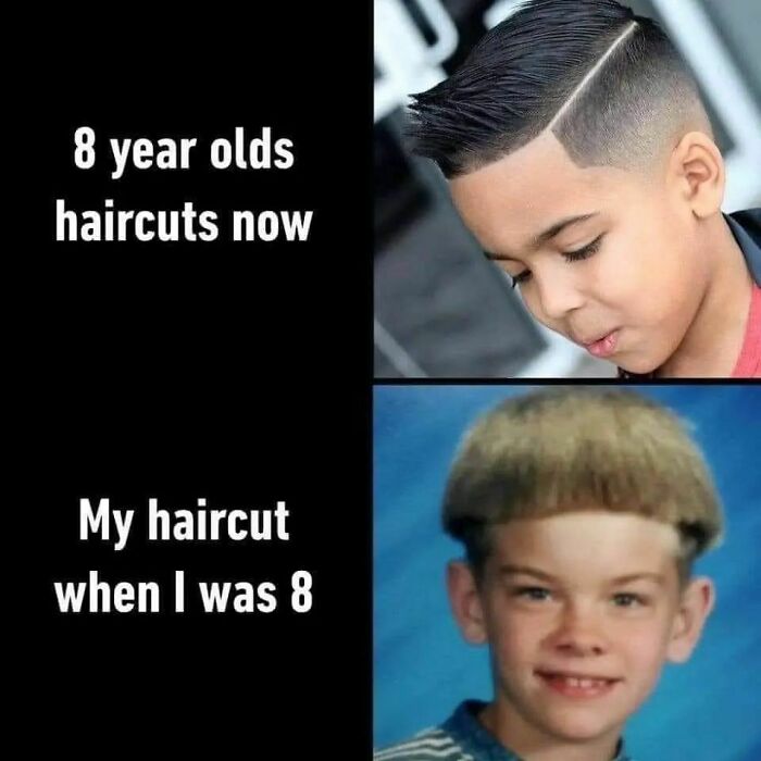 Modern haircut comparison meme with kids, showcasing funny hairstyle evolution.