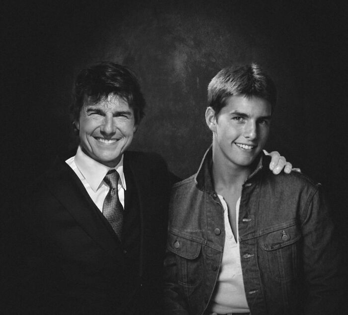 Celebrities photoshopped with their younger selves, showcasing the passage of time.