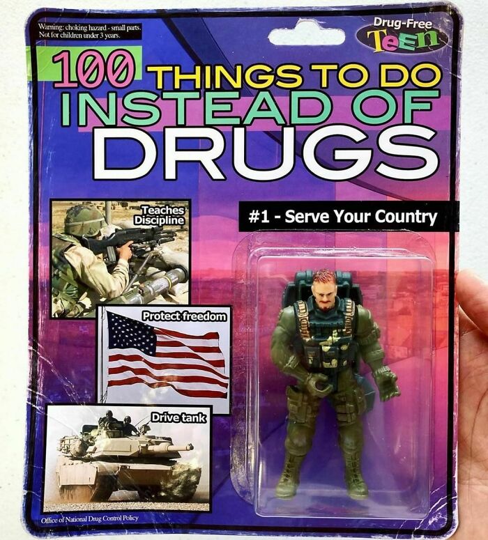 Funny fake product: toy soldier action figure with “100 Things To Do Instead of D***s” packaging.