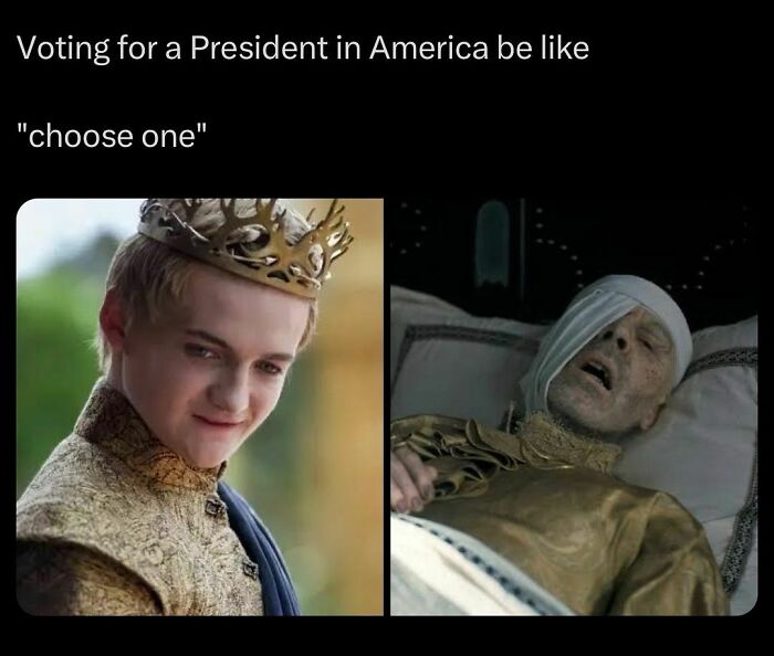 Young king and old man in meme comparing presidential choices, showcasing random memes humor.