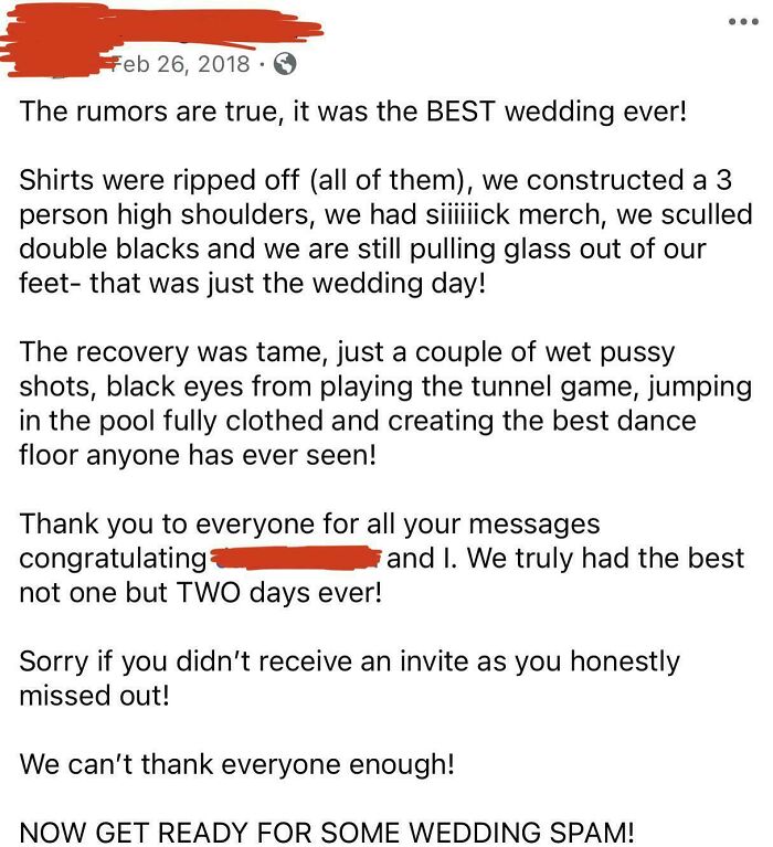 Facebook post describing a wild wedding with unforgettable moments, emphasizing its chaotic nature.