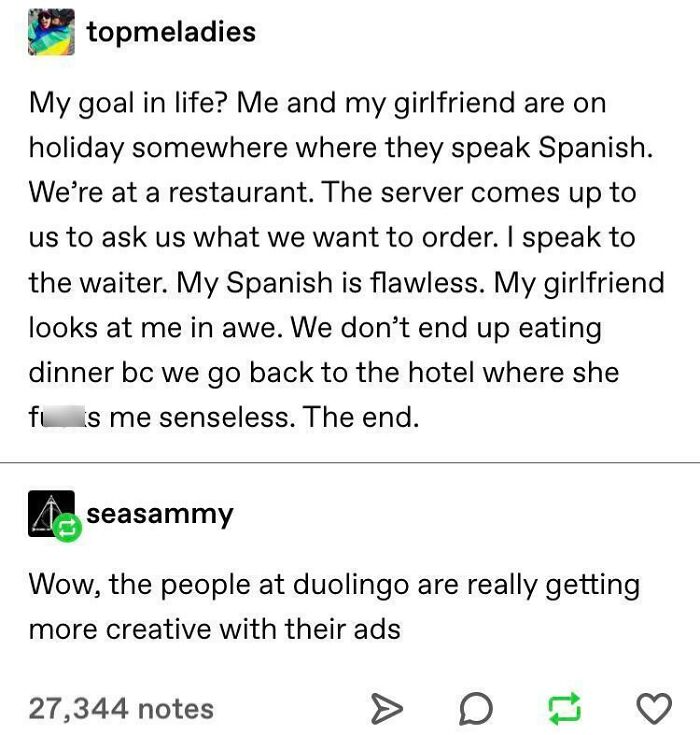 Duolingo meme about creative fictional situations featuring Spanish and language learning humor.