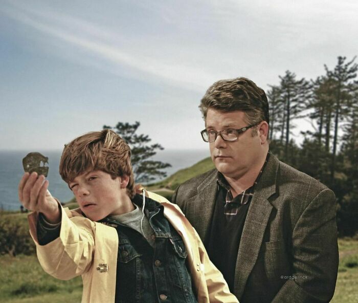 Celebrities photoshopped: a young boy holds a rock, an older man with glasses stands beside him, scenic background.