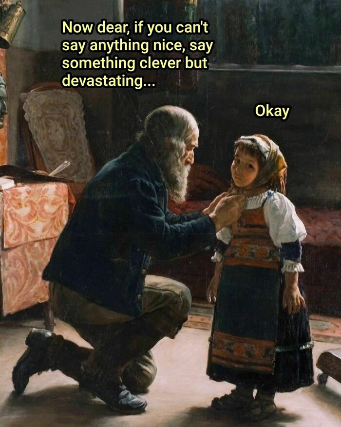 Great works of art meme featuring an elder advising a child with a humorous caption.