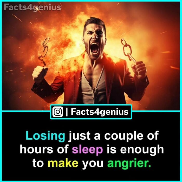 A person breaking chains with a fiery background, illustrating a fact about sleep and anger from Facts4Genius.