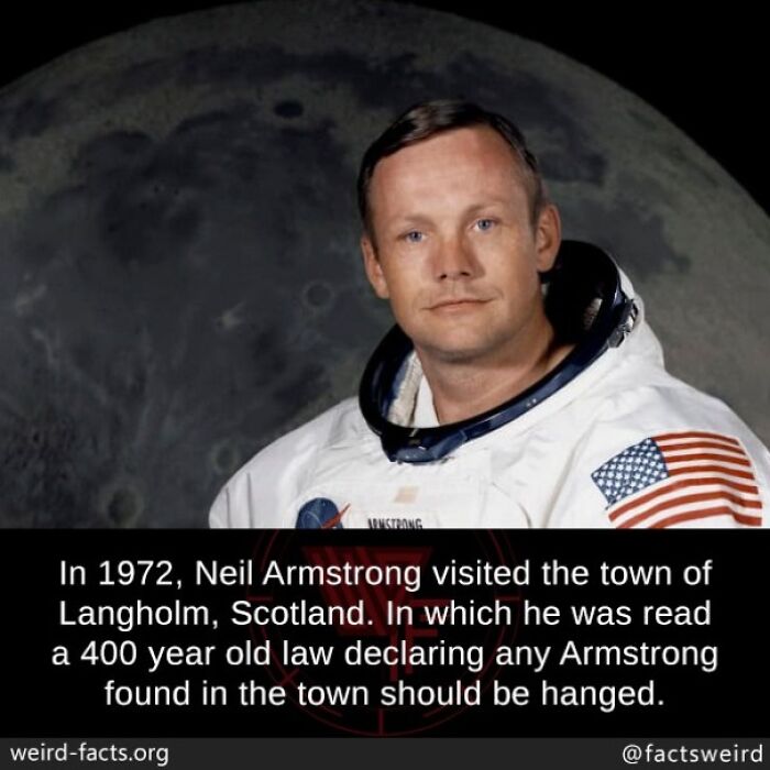 Astronaut with moon background, text describes a weird fact about Neil Armstrong visiting Langholm, Scotland.