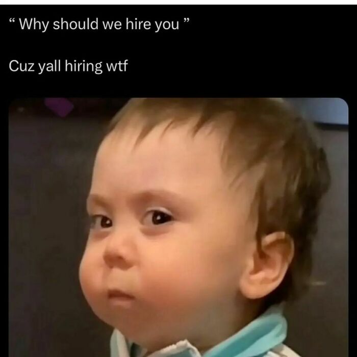Child with a skeptical expression in a funny meme about a job interview question.