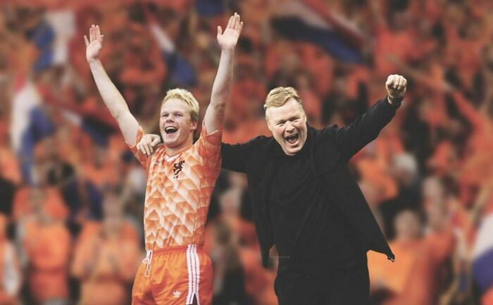 Celebrities photoshopped with their younger selves, both cheering in an orange setting.