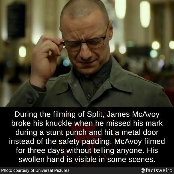 Actor adjusts glasses while filming a scene, related to a weird fact about an injury during a movie shoot.
