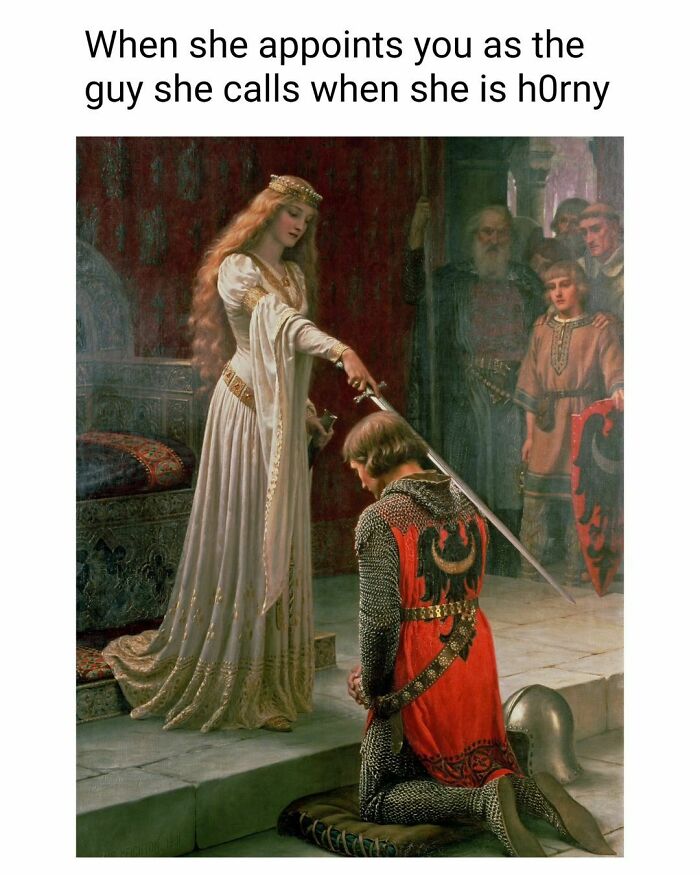 Classic art meme with a knight being knighted by a lady, adding humor to the scene.