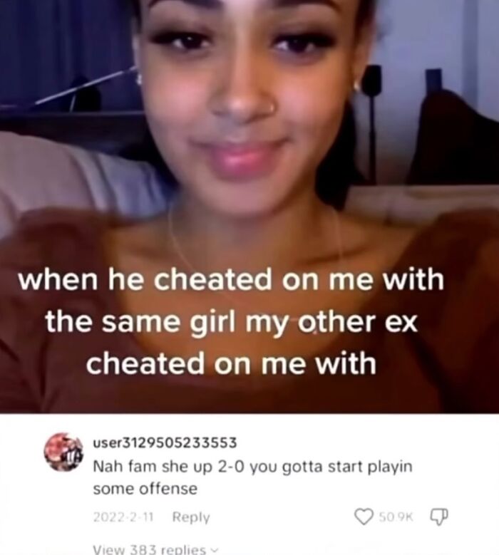 Woman sharing a story about infidelity with humorous comment below, highlighting epic comment moments.