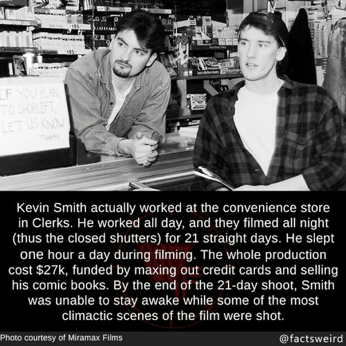 Two people behind a store counter, discussing a weird fact about Kevin Smith's filming of Clerks.