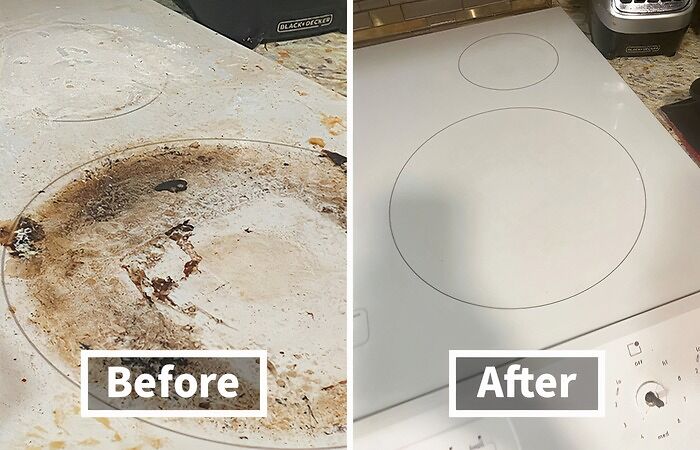 Before and after comparing internet-famous cleaning supplies on a stove.