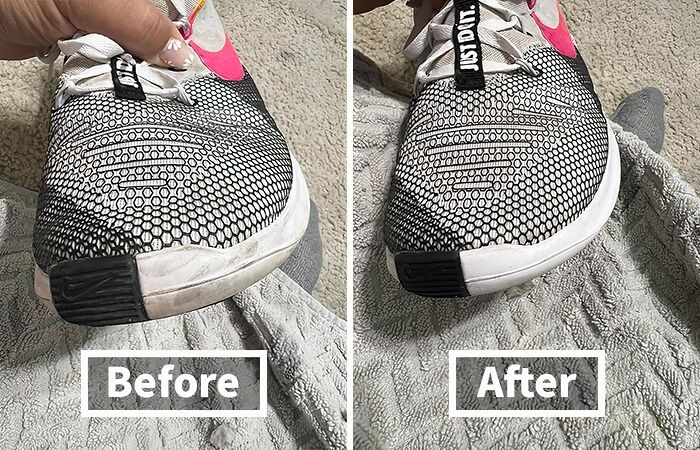 Before and after of shoes cleaned with internet-famous cleaning supplies on a textured surface.