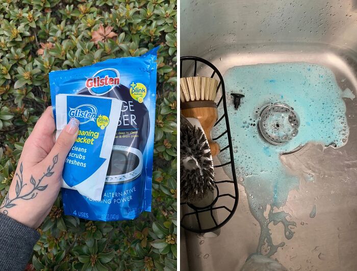 Hand holding Glisten garbage disposer cleaner; blue solution in a sink for the cleanest home ever.