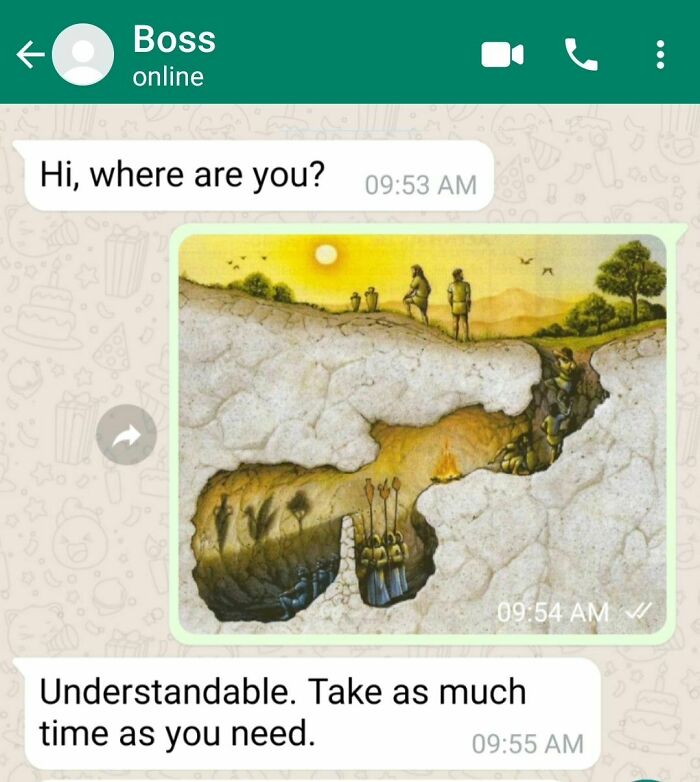 WhatsApp chat with meme of art showing underground exploration.