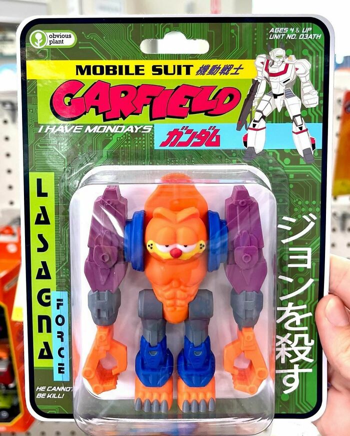 Fake product featuring Garfield mech toy by Obvious Plant, humorously labeled as "Lasagna Force" in a store display.
