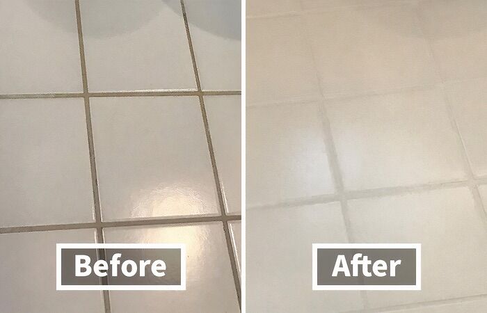 Before and after of tiled floor cleaned with internet-famous supplies, showcasing a spotless transformation.