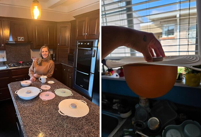 Woman in a kitchen demonstrating silicone lids, one lifting a lid off a bowl to show versatile kitchen items tackling common kitchen problems.