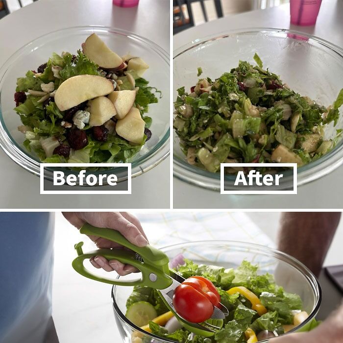 Before and after images of salad prepared using kitchen items that tackle little kitchen problems efficiently.