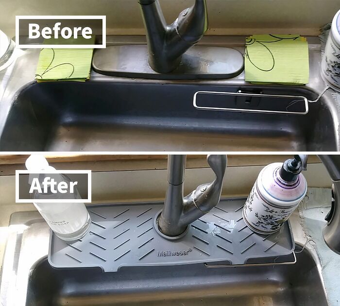 Before and after images of a kitchen sink, showing kitchen items that organize and solve small kitchen problems.