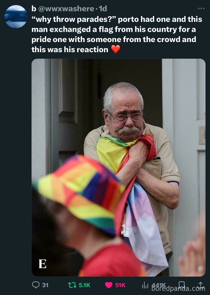 Elderly man holds a pride flag warmly, emotional moment of people supporting each other online.