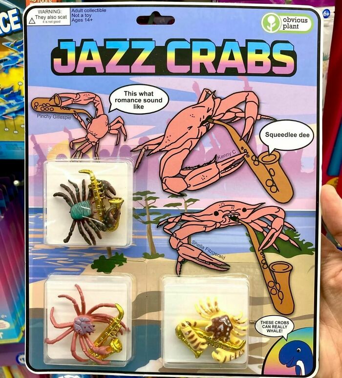 Fake product packaging of "Jazz Crabs" by Obvious Plant, featuring saxophone-playing crabs in a humorous store display.
