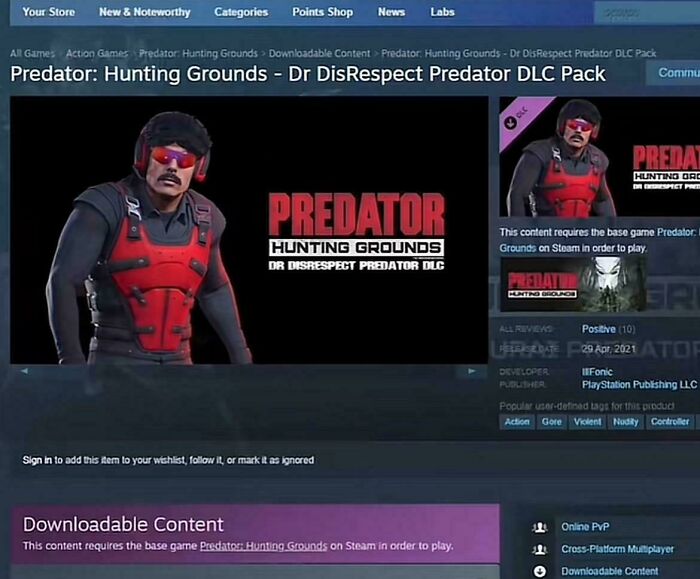 Dr DisRespect Predator DLC pack featured on a gaming platform interface.