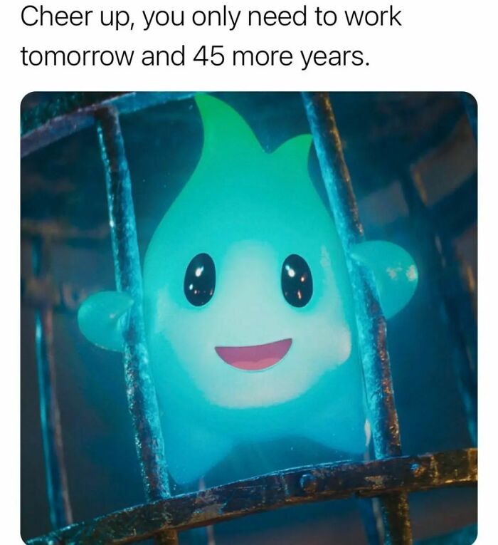 Cute animated character behind bars with caption about work, a relatable meme to take your mind off work stress.