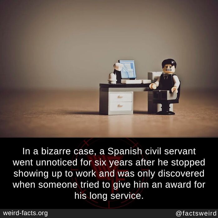 Lego figure at desk illustrating weird fact about unnoticed Spanish civil servant absence for six years.