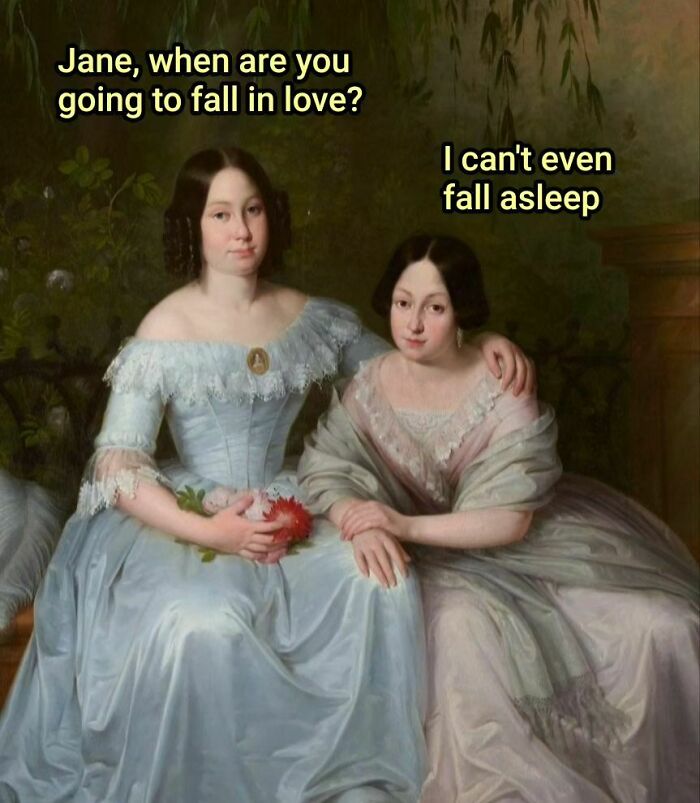 Painting of two women with text overlay humorously turning it into a meme.