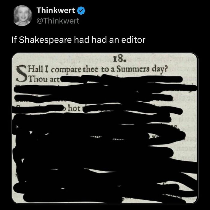 Tweet humorously imagining Shakespeare edited, highlighting millennial life with text heavily redacted.