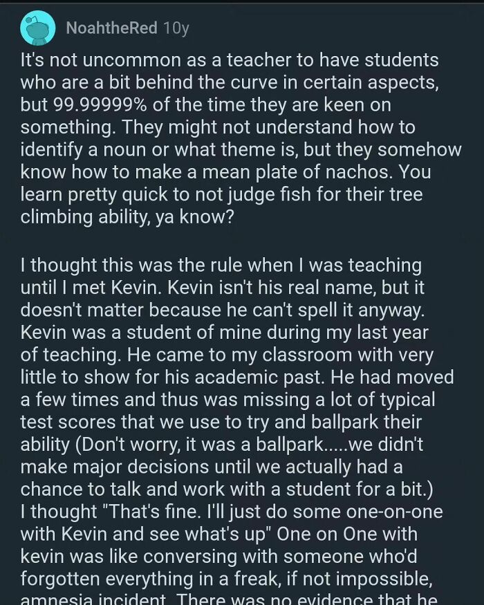 Text post showing a teacher recounting a student story, an example of hilariously obvious lies people tried to pass off as true.