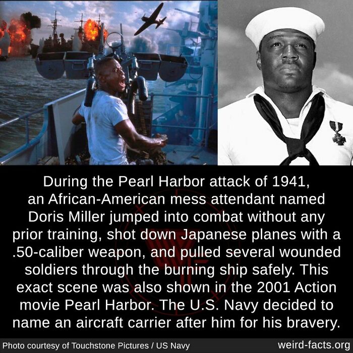 Doris Miller during Pearl Harbor attack, manning a gun; historical bravery depicted in 2001 film.
