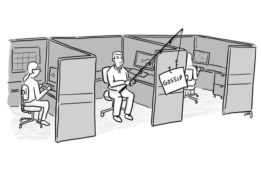 One-panel comic by Jimmy Craig showing office worker fishing a gossip sign in a cubicle setting blending humor and darkness.