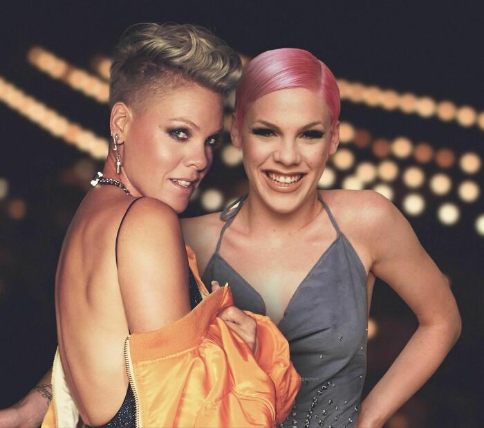 Celebrities Photoshopped: Person poses with their younger self, showing fashion changes over time.