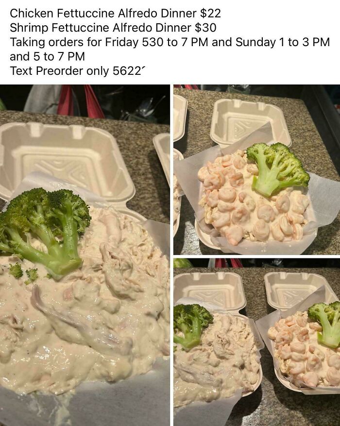 Takeout fettuccine dishes with broccoli; a dish from the list of "stupid dishes" featuring creamy pasta in takeout containers.